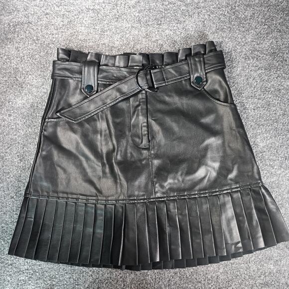 Zara Skirt Womens Small Black Faux Leather Pleated Hem Belted High Waist Mini - Picture 1 of 6